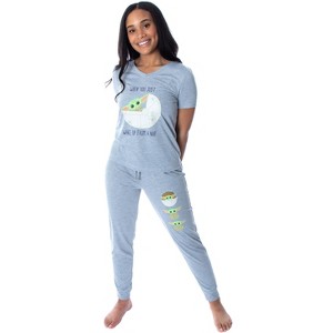 Star Wars Women's The Mandalorian Baby Yoda Shirt and Jogger Pants Pajama Set Grey - 1 of 4