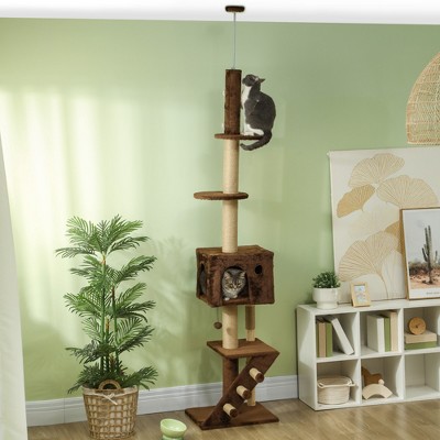 Adjustable Brown and Beige Plush Cat Tree Tower with Condo