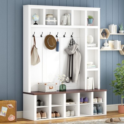 TIRAMISUBEST Farmhouse Wooden Style Hall Tree with 6 Hooks, Storage Bench with Adjustable Shelves, 4-in-1 Entryway Shoe Cabinet with 13 Cubbies
