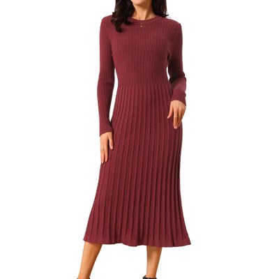INSPIRE CHIC Women's Crewneck Knit Long Sleeve Midi Ribbed A-Line Sweater Dress