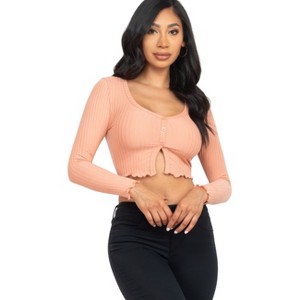 Slickblue Women's Ribbed Long Sleeve Button-Front Top, Cropped Fit, Casual Stretch Style, 10 Color Options, Size S-L - 1 of 4