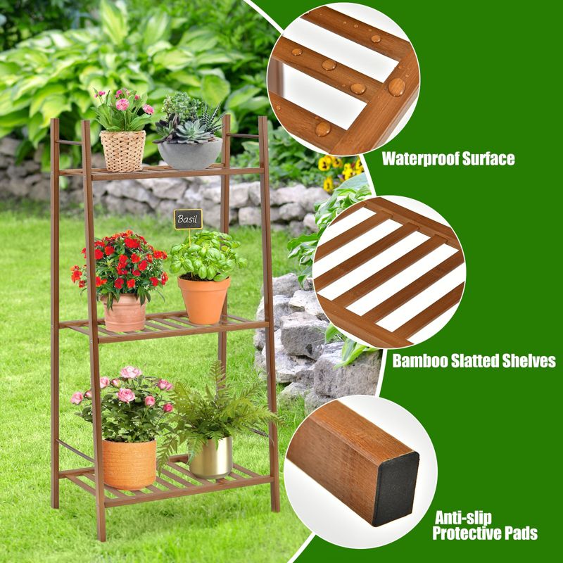 Tangkula 3 Tiers Bamboo Plant Stand for Indoor Plants Multiple Utility Shelf Free Standing Storage Rack Pot Holder Brown/Natural, 4 of 10