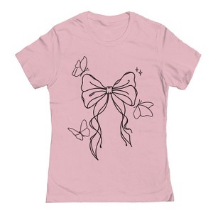 Rerun Island Women's Outline Bow And Butterflies Short Sleeve Graphic Cotton T-Shirt - Light Pink S - 1 of 4