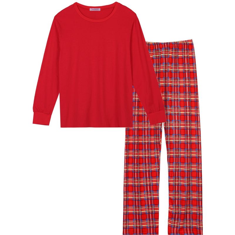 cheibear Christmas Long Sleeve Solid Tops Tee with Plaid Pants Family Pajama Sets Red, 2 of 5