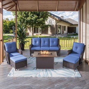 SUGOLD 6 Pieces Patio Furniture Set with Fire Pit Table Outdoor Conversation Set PE Wicker Patio Couch Swivel Glider Chairs Ottomans for Balcony - 1 of 1