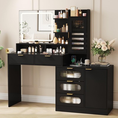 Large Makeup Vanity with Jewelry Storage, Lots Shelves & Power Strip, Dressing Table
