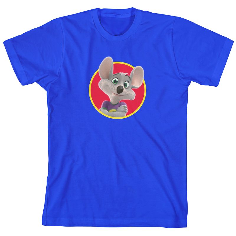 Chuck E. Cheese Chuck In Red Circle Crew Neck Short Sleeve Royal Blue Boy's T-shirt, 1 of 4