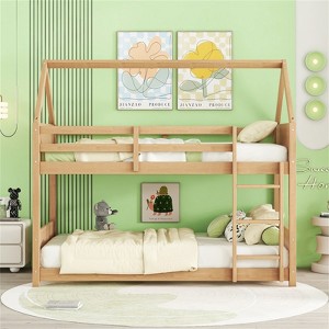 RISOKEYS Twin Over Twin House Floor Bunk Bed with Headboards, Footboards and Guardrails - Rubber Wood Bunk Bed with Guardrails and Ladder - 1 of 4