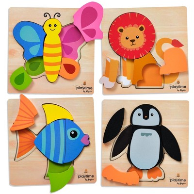 Infinite Curiosity Wooden Puzzles, Set of 4 Montessori Style Toys for 1 Year Old, Toys for Toddlers 1-3, Baby Puzzles, 6x6 inches