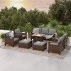 Sonkuki 8 Pieces Patio Sofa with Square Fire Pit Table and Ottomans, Patio Conversation Couch with Cushion - 2 of 4