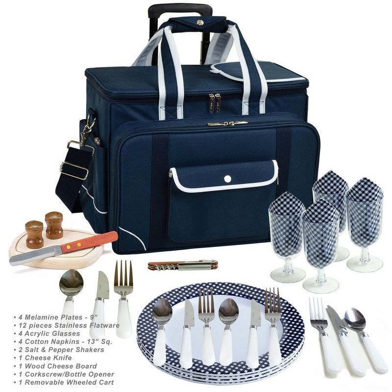 Picnic at Ascot- Ultimate Insulated Picnic Cooler on Wheels with Service for 4 - Navy, 4 of 7