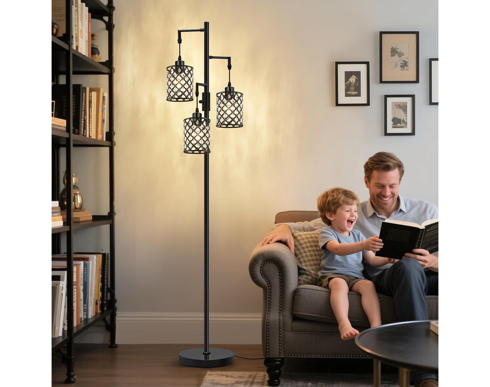 GTCLIGHTING Morden Black Crystal Floor Lamps for Living Room, 3-Light Standing Tall Lamp with Crystal Shade & Rotary Switch, Corner Lamp for Bedroom
