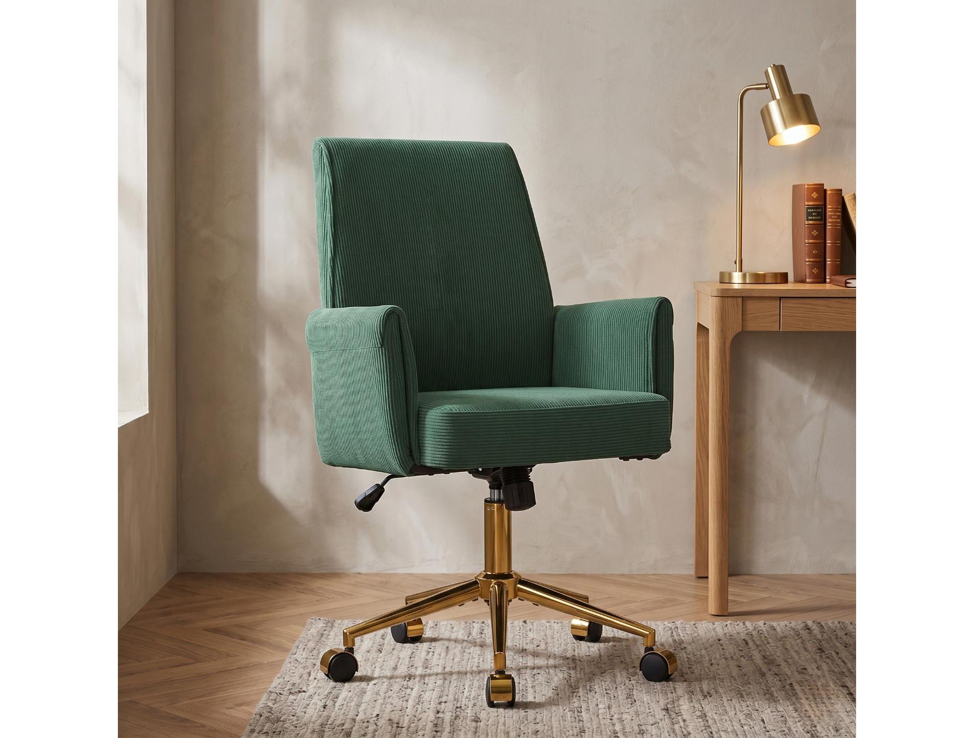 Mid-Back Swivel Office Chair, Ergonomic Striped Fabric Desk Chair with Gold Metal Base, Adjustable Height Task Chair for Home Office, Dorm Furniture