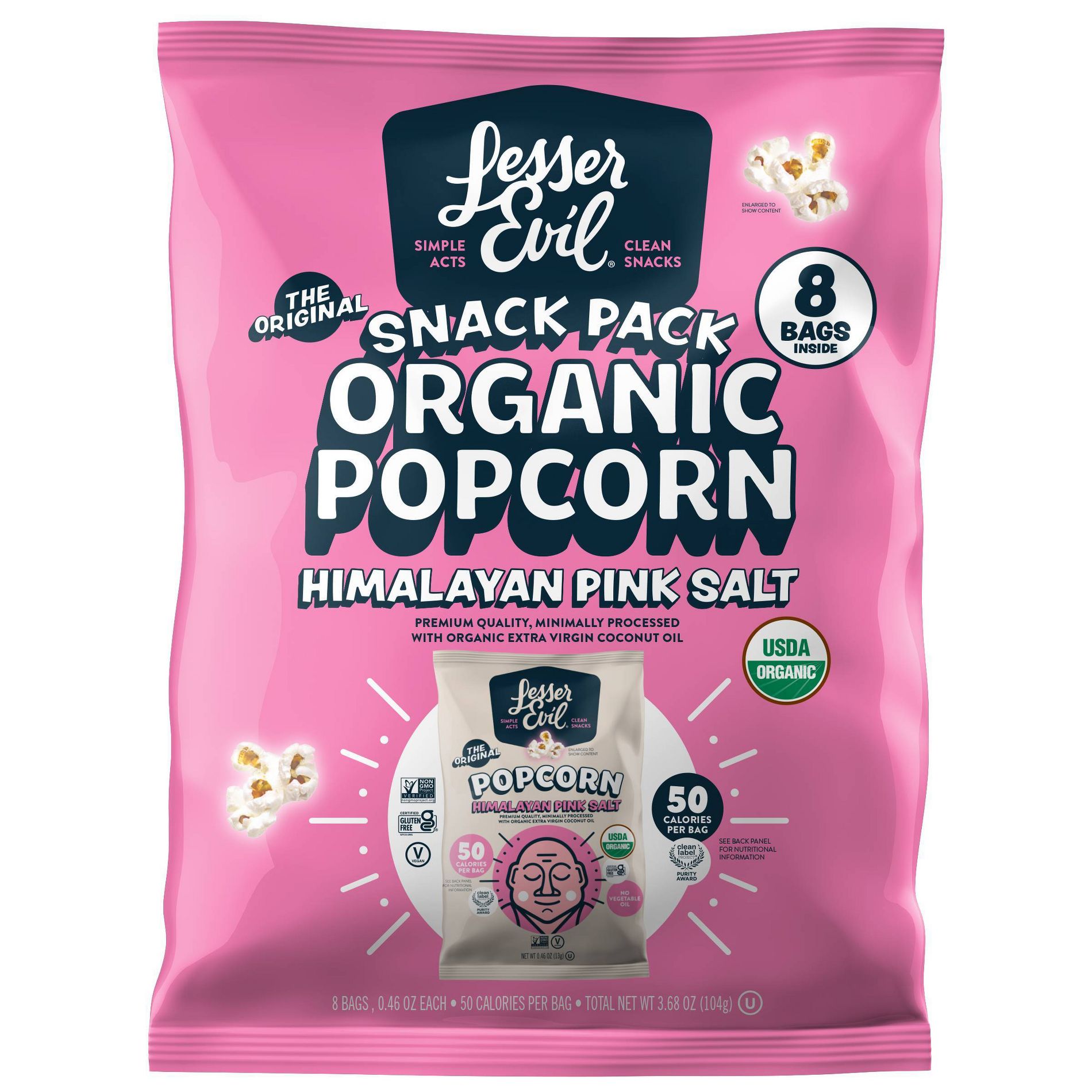 LesserEvil Organic Popcorn, Snack Pack, Himalayan Pink - 8ct / 3.68oz
