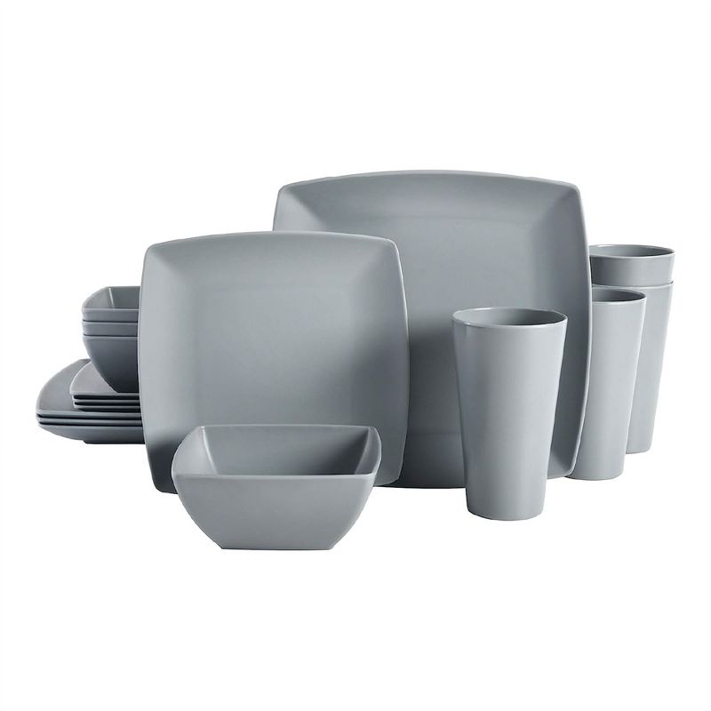 Gibson 99897.16R Home Soho Grayson Square Melamine Everyday 16 Piece Reactive Glaze Dinnerware Set Plates, Bowls, and Cups, Dishwasher Safe, Grey, 1 of 7