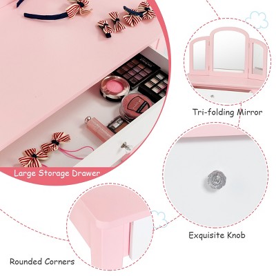 Pink Princess Kids Vanity Set with Mirror and Stool