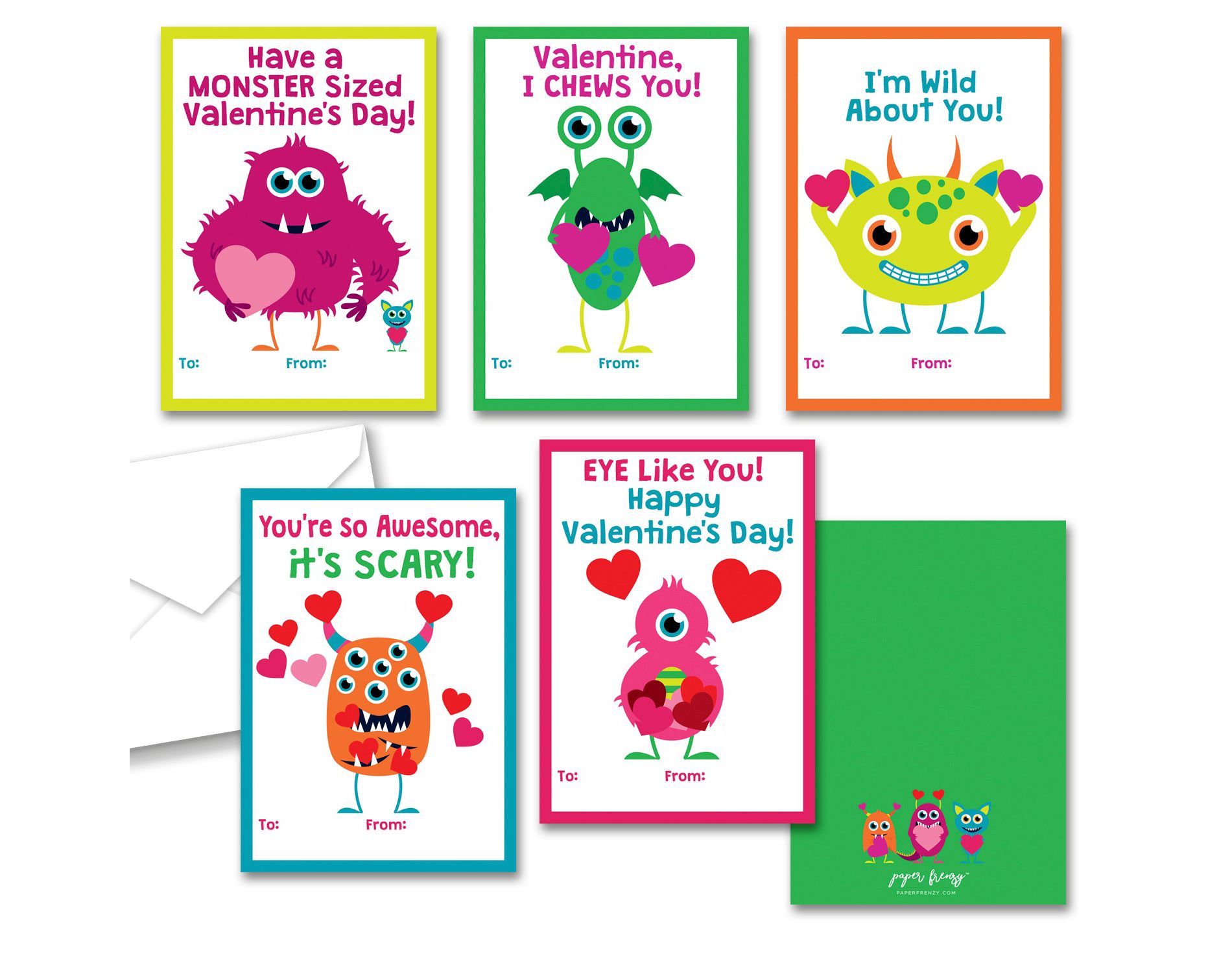 Paper Frenzy Friendly Monster Themed Valentines - 25 pack WITH ENVELOPES