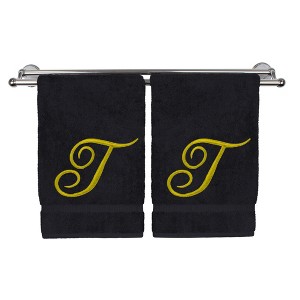 BC BARE COTTON Monogrammed Hand Towel, 100% Turkish Cotton - Set of 2 - Black - Gold Script - 1 of 4