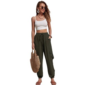 Women's Lightweight Faux Linen Cargo Pants Outdoor Casual Mid Waist Track Cuff Lounge Elastic Waist Cargo Trouser with Pockets - 1 of 4