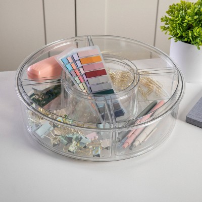 Martha Stewart Divided Lazy Susan Organizer Clear: Office Desk Drawer Organizer Set, Plastic, 12"x12"x4"