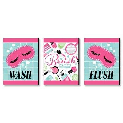 Big Dot of Happiness Spa Day - Girls Makeup Kids Bathroom Rules Wall Art - 7.5 x 10 inches - Set of 3 Signs - Wash, Brush, Flush