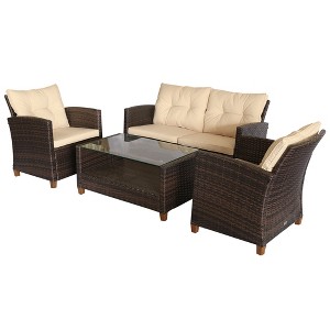 Outsunny 4 Pieces Patio Furniture Sets Rattan Wicker Chair w/ Table Outdoor Conversation Set with Cushion for Backyard Porch Garden Poolside and Deck - 1 of 4