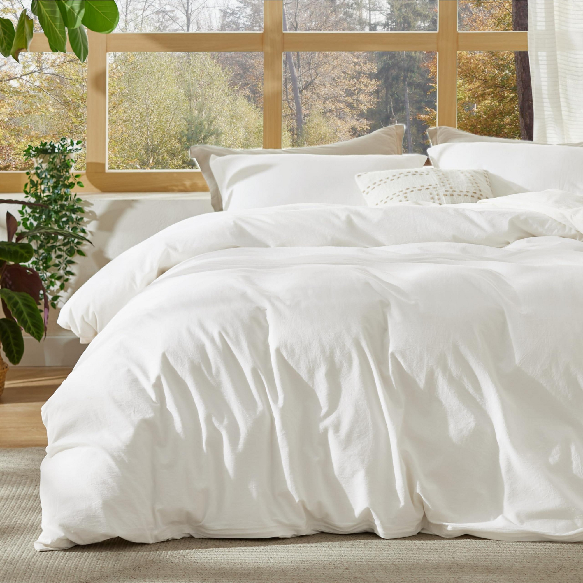 Bedsure 100% Washed Cotton Duvet Cover Queen Size Stone-washed White Minimalist All Season GentleSoft OEKO TEX Certified Valentine’s Day Premium Gift