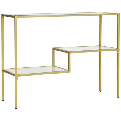 Gold Steel and Clear Glass Console Table with Storage Shelves