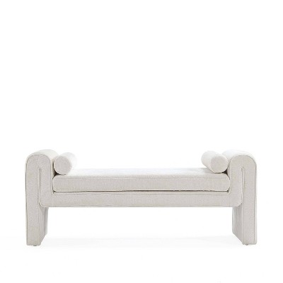 Ivory Chenille Upholstered Bench with Cylinder Pillows, 59"