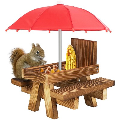 iMountek"Wooden Squirrel Picnic Table with Umbrella & Two Benches – Outdoor Feeder for Squirrels"Brown