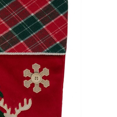 Red and Green Plaid Christmas Stocking with Moose and Pine Tree, 20.5"