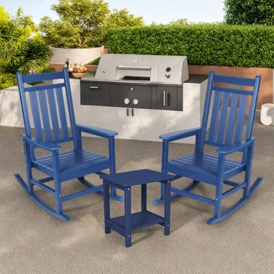FURNIinspire Patio Seating Sets 3 Pieces Outdoor Rocking Chair With Side Table, Wood Texture Rocking Chairs With Blue Side Table, Blue, 35“*23”*41“
