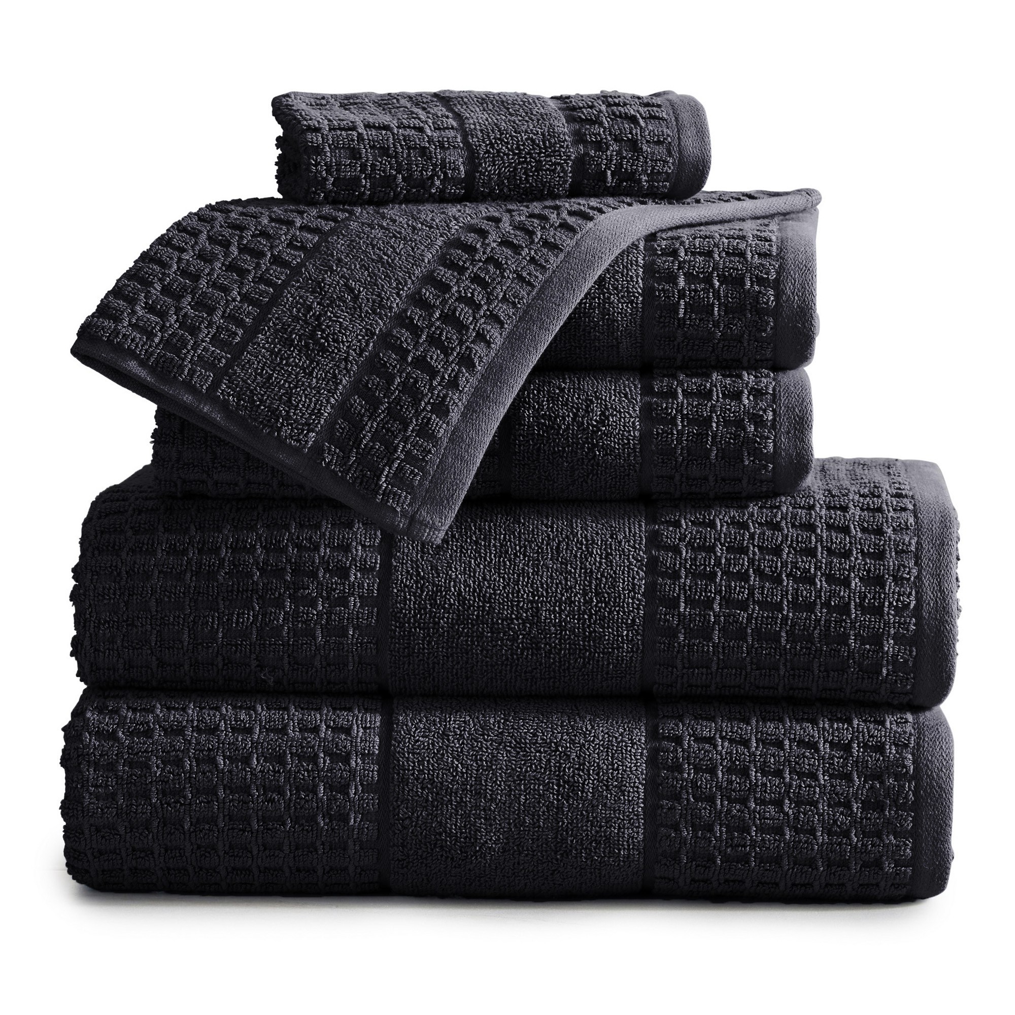 Market & Place Cotton Quick Dry Waffle Weave 6-Piece Bath Towel Set Black