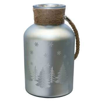 Northlight 12" Christmas Trees and Snowflakes Pillar Candle Holder with Handle - Matte Silver