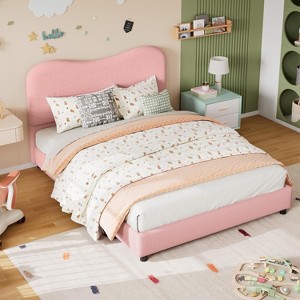 Homhougo Twin Bed Frame for Kids with Velvet Upholstered Headboard, Cute Low Profile Platform Bed for Girls and Boys, No Box Spring Needed, Blue - 1 of 4