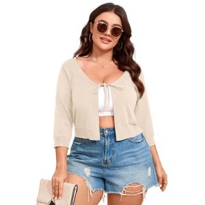 Coolmee Women's Plus Size Bolero Shrug Cropped Cardigan Tie Front Rib Knit Cardigan Sweater - 1 of 4
