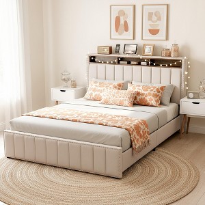 Lyngins Upholstered Queen/Full Bed Frame,Platform Bed Frame with Storage Headboard,RGB LED Lighting & 4 Sliding Drawers,No Box Spring Needed,Beige - 1 of 4
