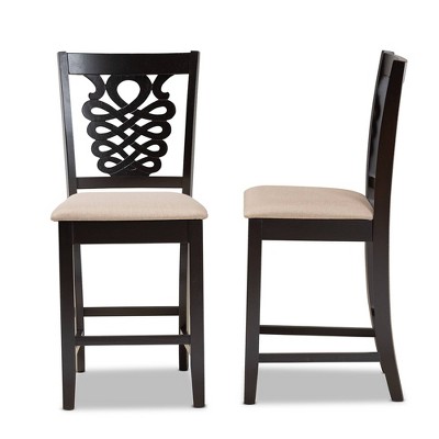 Baxton Studio 2pc Gervais Fabric Upholstered and Wood Barstool Set Dark Brown: Polyester, Fixed Height, Seats 2
