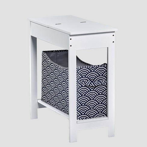 Lakeside Side Table With Fashion Print, White Wood Side Table With Baskets