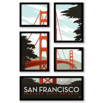 Americanflat San Francisco Golden Gate Bridge 5 Piece Grid Wall Art Room Decor Set - Vintage Modern Home Decor Wall Prints