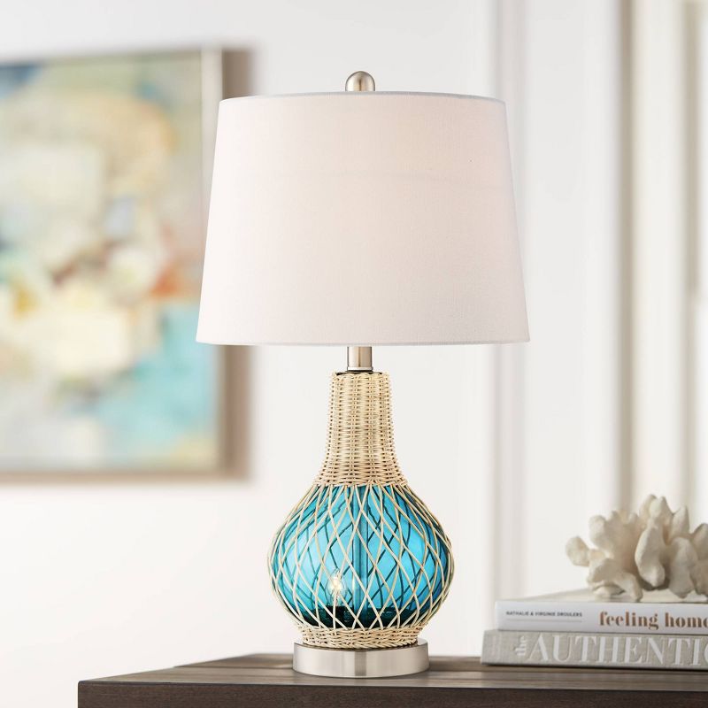 360 Lighting Alana Coastal Accent Table Lamp 22 3/4" High Rope Blue Glass Gourd with Nightlight LED White Fabric Drum Shade for Bedroom Living Room, 2 of 10