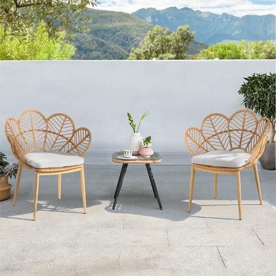 Outdoor Patio Rattan Papasan Dining Chairs Set of 2,Wicker Peacock Shape Garden Dining Arm Chair with Cushion,Teak Finish Metal Chair-Coolbibila
