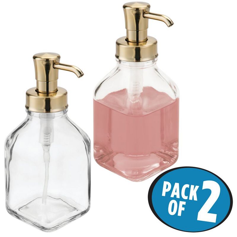 mDesign Square Glass Refillable Liquid Soap Dispenser Pump, 2 Pack, 2 of 9