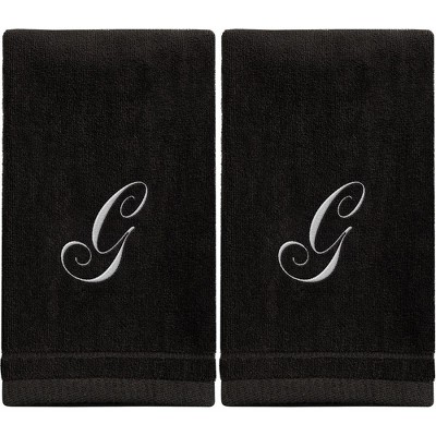 Creative Scents Black Fingertip Monogrammed Towels White Embroidered