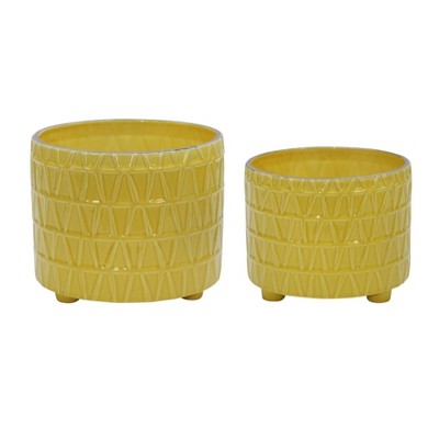 Set of 2 Ceramic Footed Etched Planter Yellow - Sagebrook Home