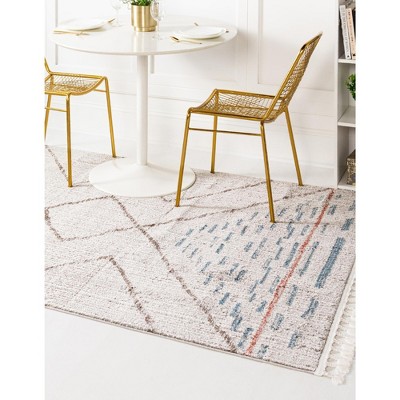 Ivory Geometric Braided Fringe Rectangular Synthetic Rug