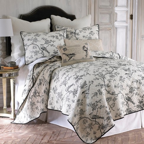 Black Toile Toile Quilt Set King Quilt and Two King Pillow Shams Black Levtex Home