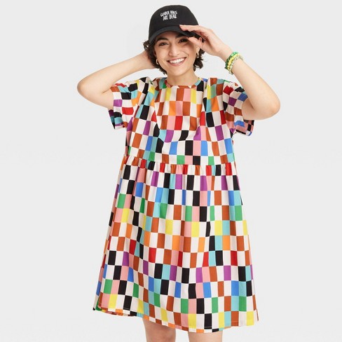 Pride Adult Short Sleeve Checkered Skater Dress - image 1 of 4