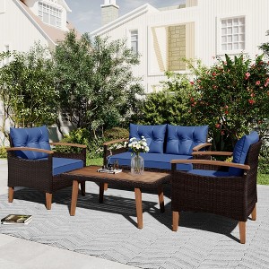 Bigget Wood Outdoor Rattan 4 Piece Patio Furniture Seating Conversation Set - 1 of 4