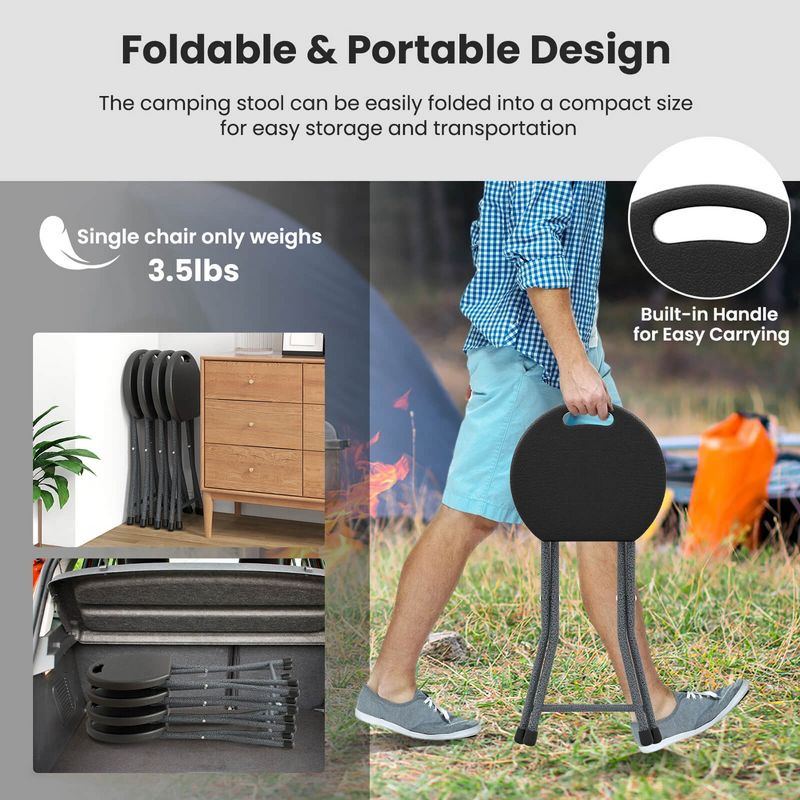 Costway 1/2 PCS 18"H  Folding Stool Portable & Foldable Camping Chair with Built-in Handle Black, 5 of 11